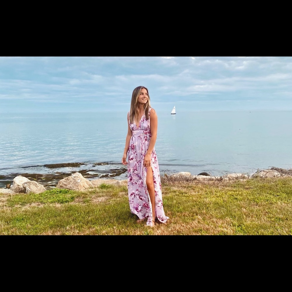 Lulu’s meandering floral gown in lavender